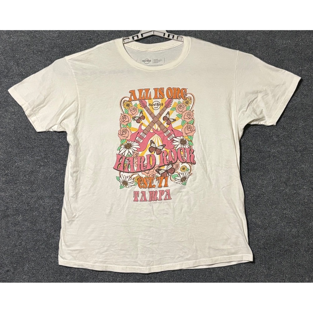 Hard Rock Cafe Tampa All Is One Graphic T-Shirt XL Cream Pink Floral Guitar Tee